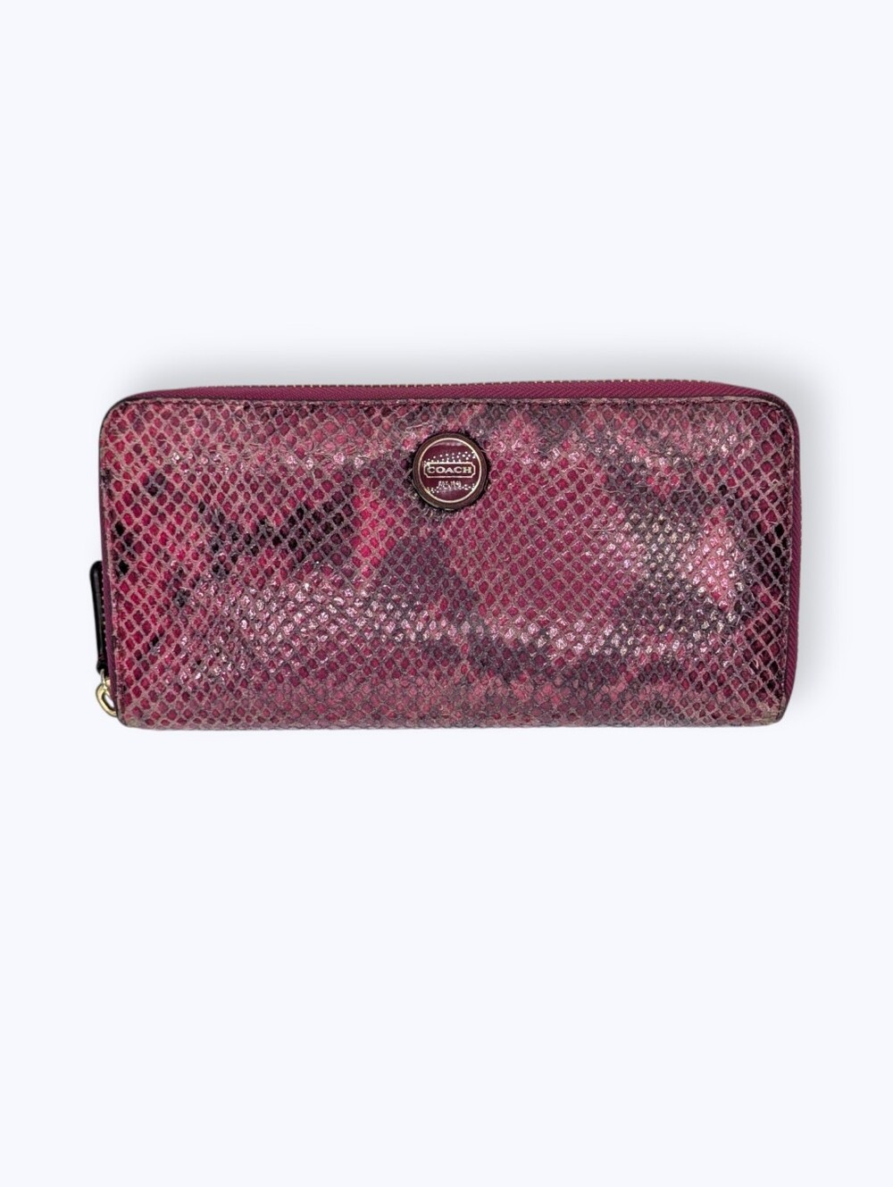 Coach Wallet Python Snakeskin Leather Raspberry Pink Black Zip Around Accordion